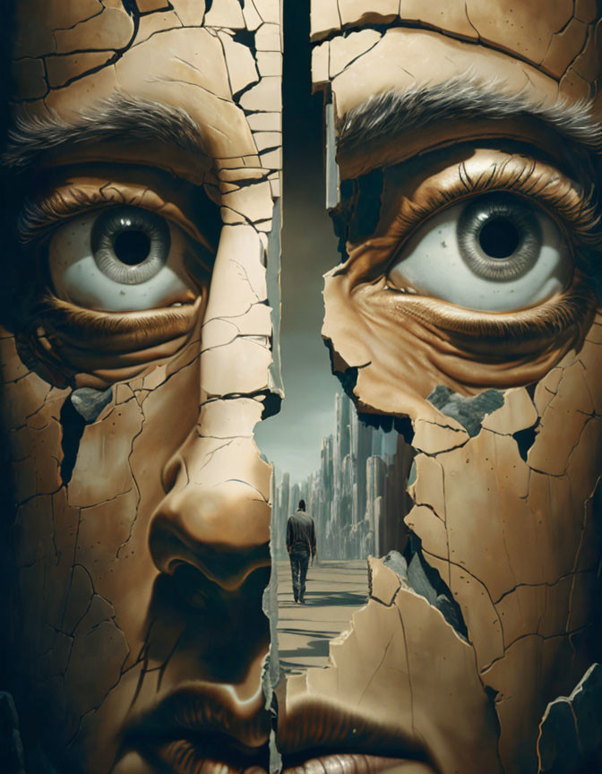 Surreal image: cracked facade resembling human face with figure walking towards cityscape