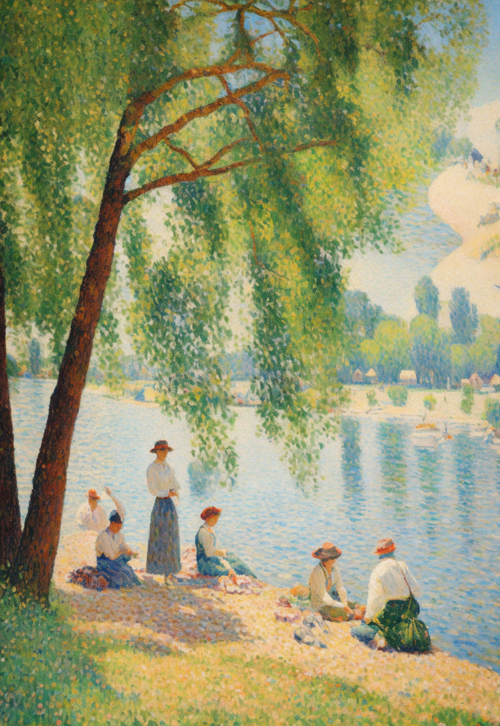 Impressionist painting of people relaxing by a tree on a riverbank