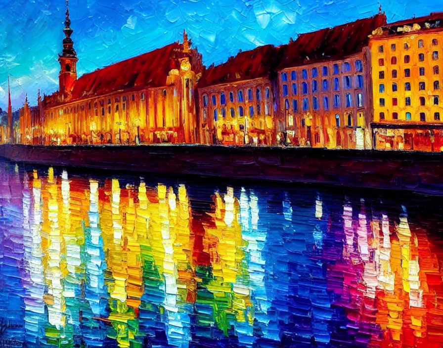 Impressionist-style illuminated cityscape painting at dusk