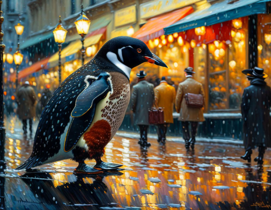 Penguin in city rain with umbrellas at night