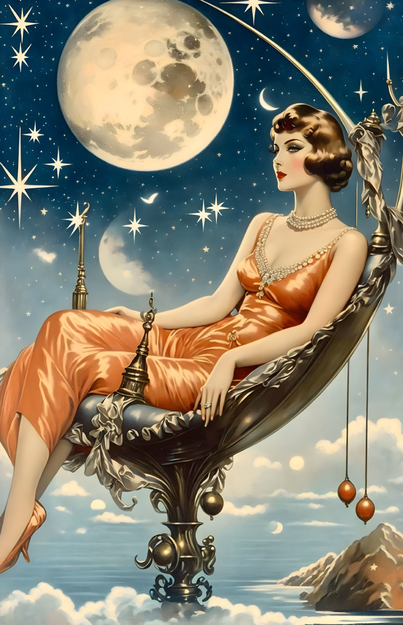 Vintage Woman Illustration on Crescent Moon Swing Night Sky Backdrop