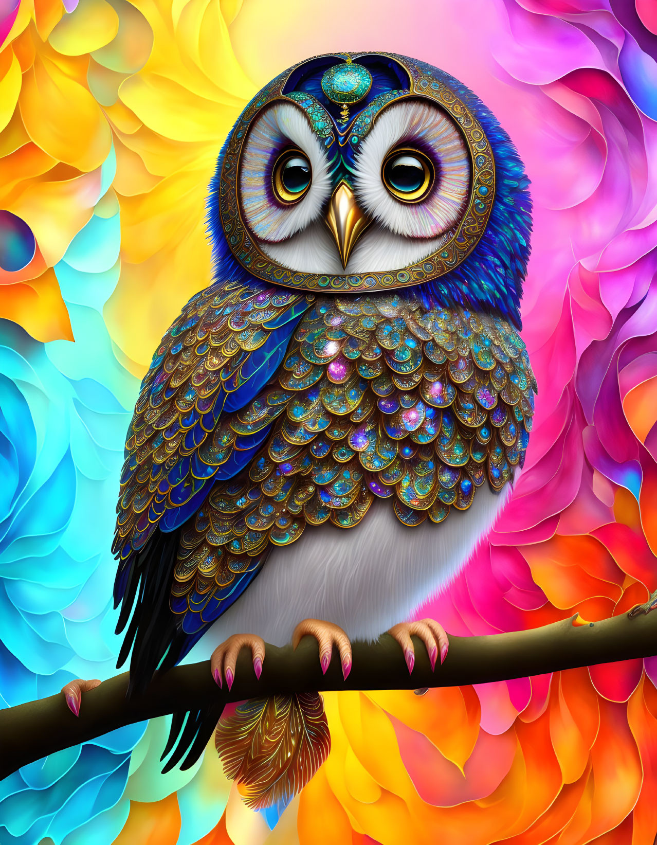 Colorful Whimsical Owl Illustration with Ornate Feathers and Jewel-like Eyes