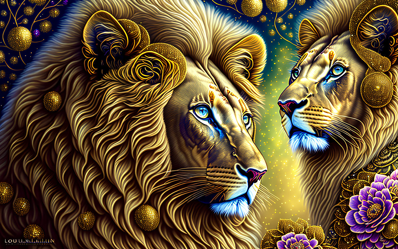 Stylized lions with blue eyes and golden manes in fantasy illustration