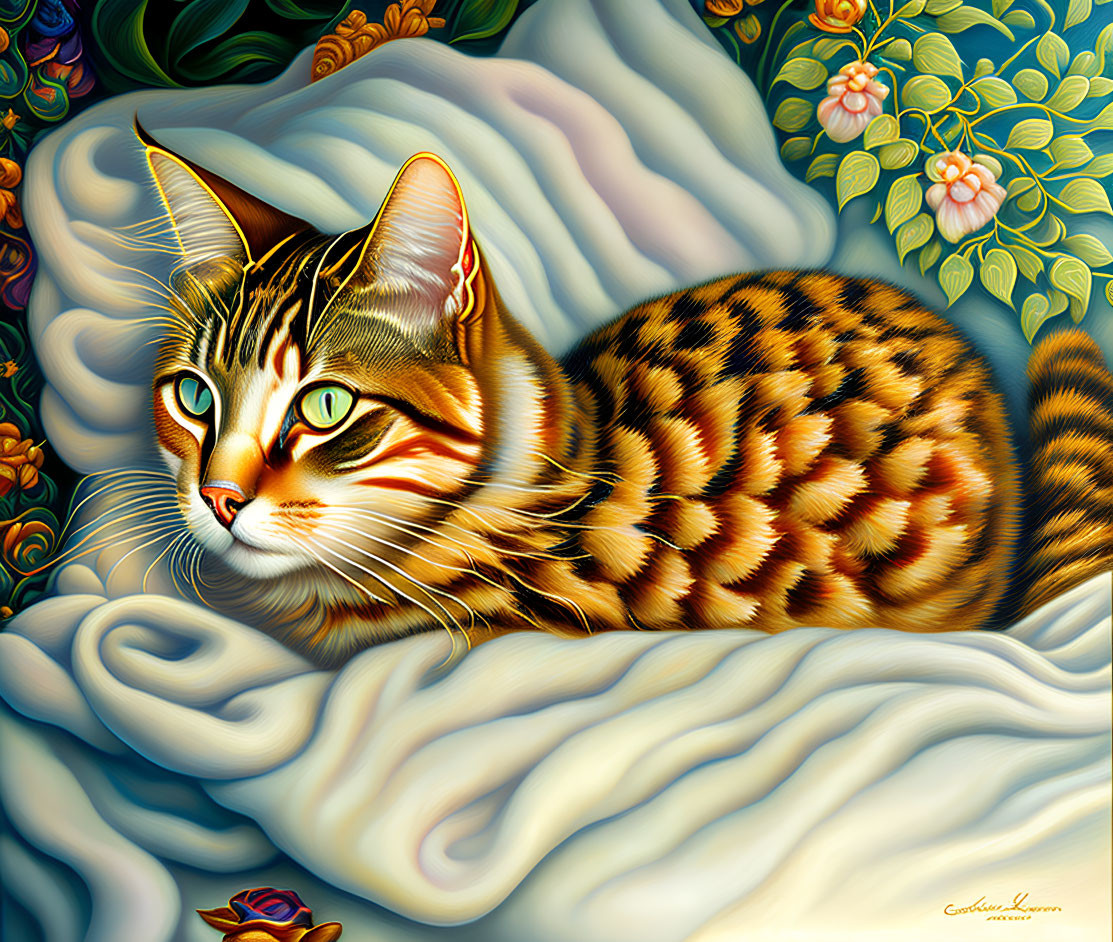 Colorful Cat Illustration on Floral Fabric Background