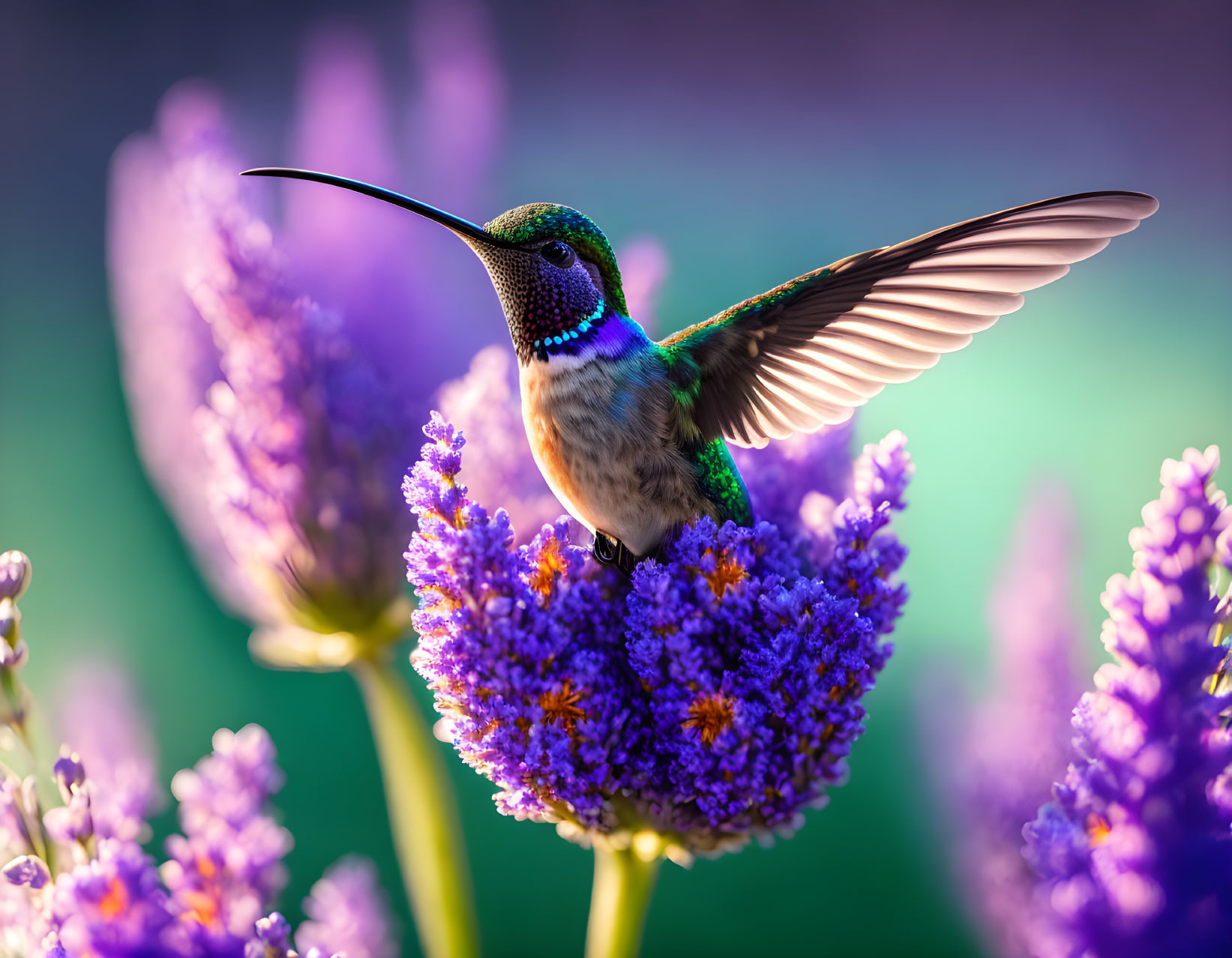 Iridescent hummingbird hovers near vibrant purple flowers