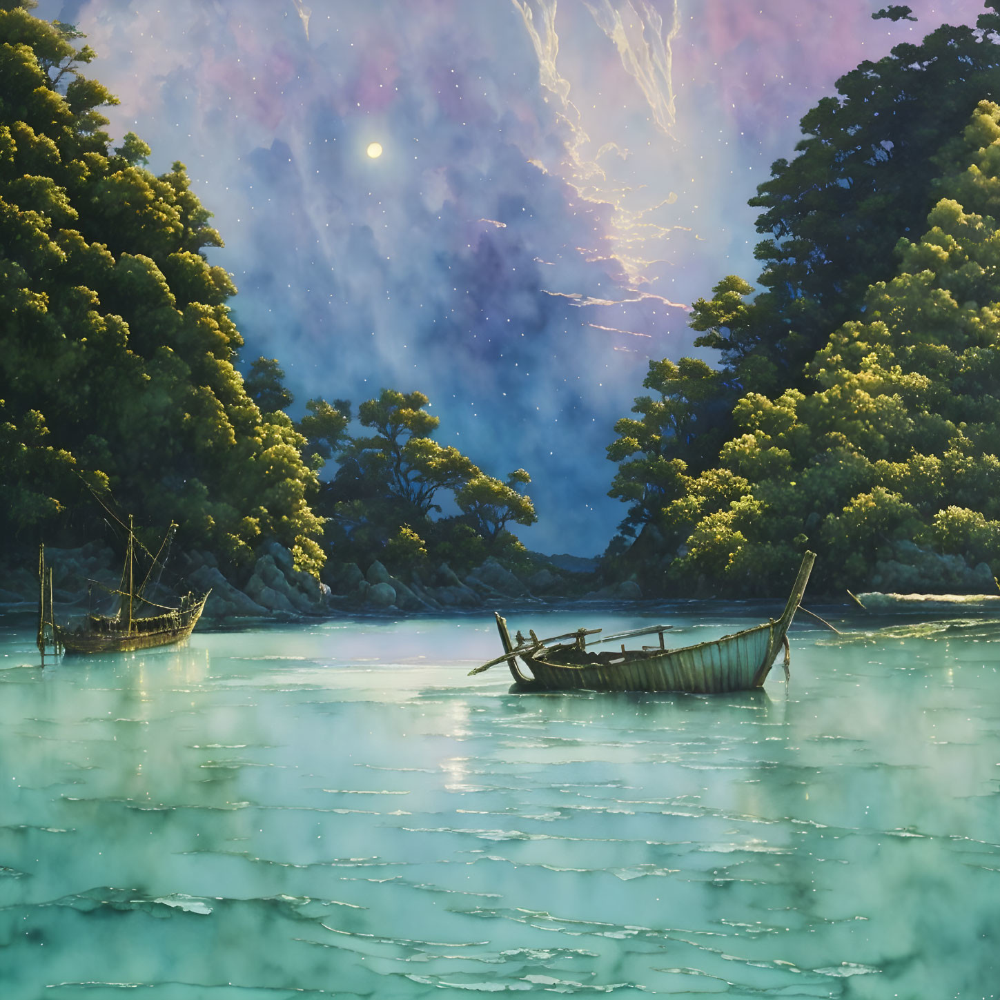 Ethereal landscape with serene lake, wooden boats, lush trees, mystical sky