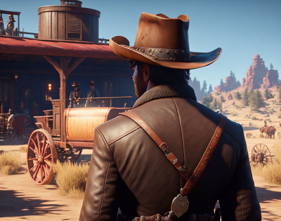 Cowboy in leather jacket gazes at saloon in Western desert town