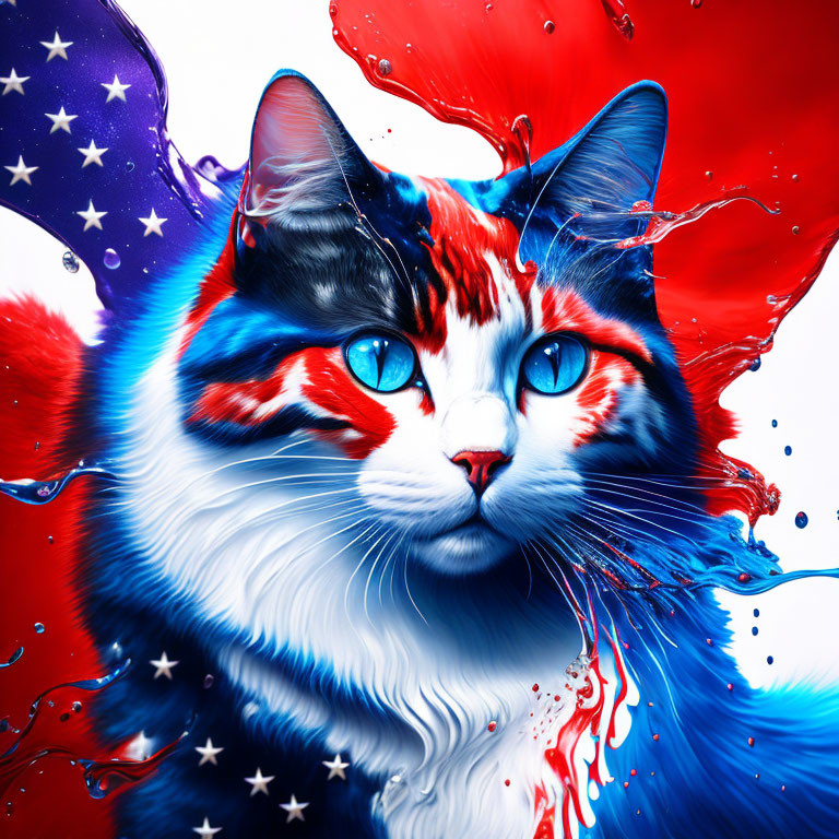 Colorful cat art with American flag motif in vibrant liquid splashes