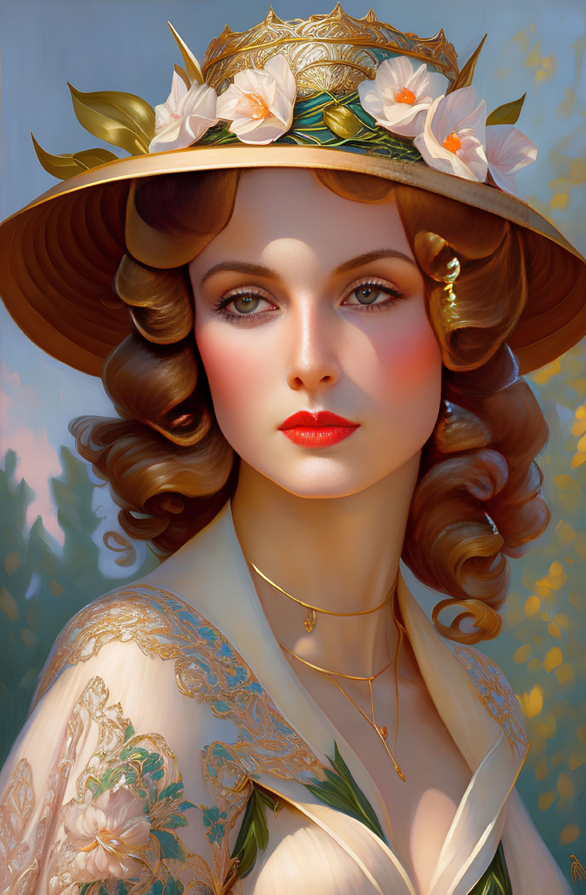 Woman with Stylish Hat and Floral Dress in Digital Painting