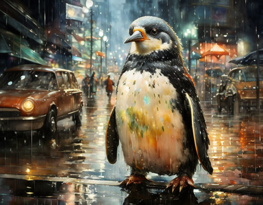 Penguin on Rainy City Street with Vintage Cars and Pedestrians