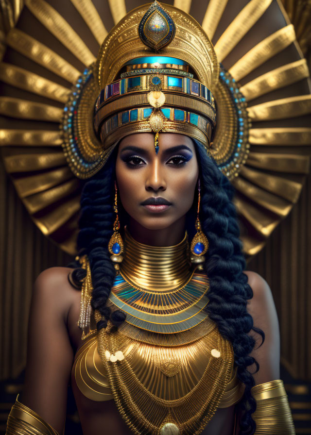 Ancient Egyptian-inspired woman adorned in regal attire.