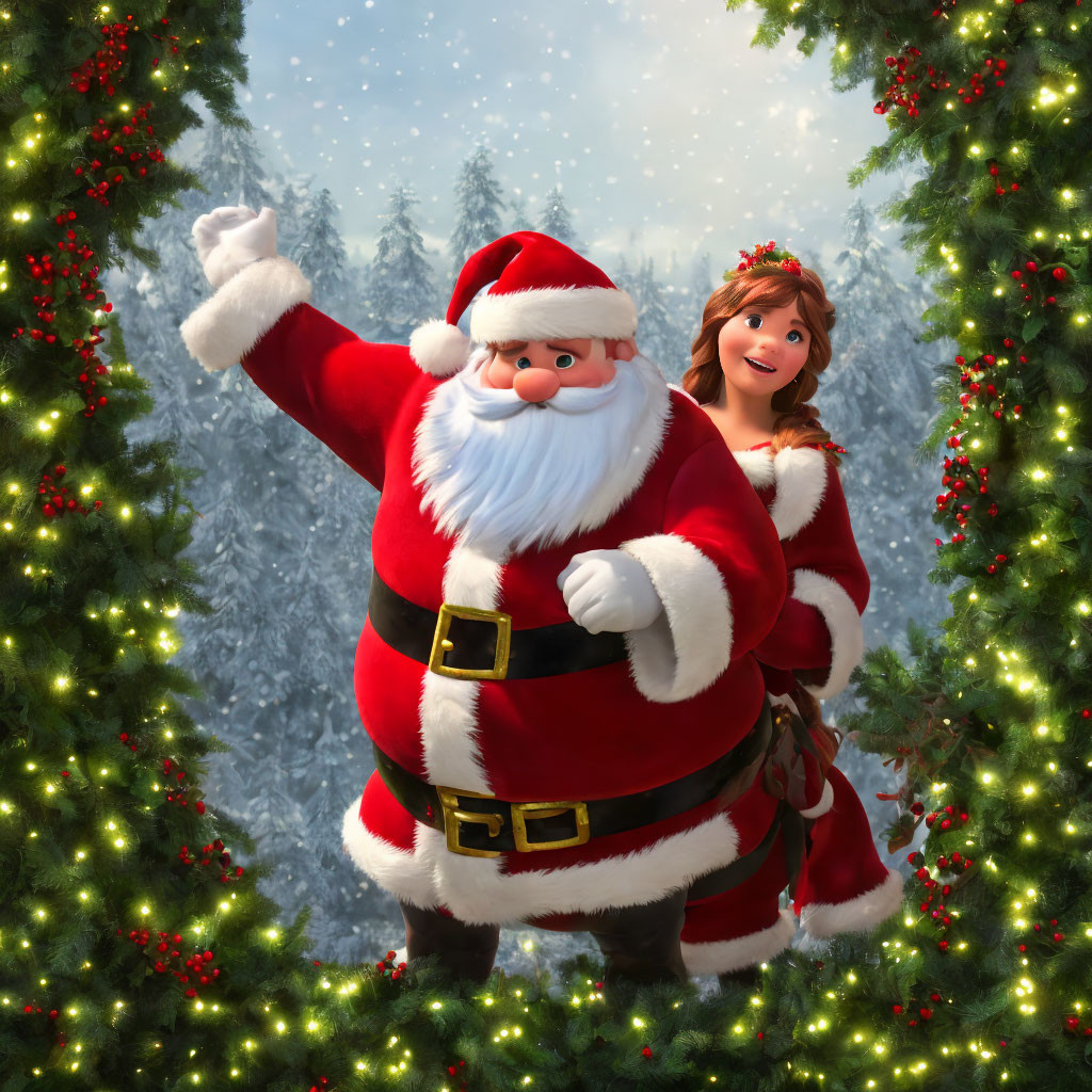 Santa Claus and Mrs. Claus Waving in Snowy Winter Scene