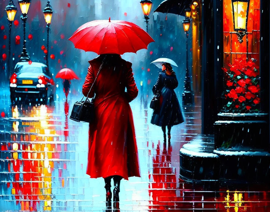 Person in Red Coat with Red Umbrella Walking in Rainy City Street