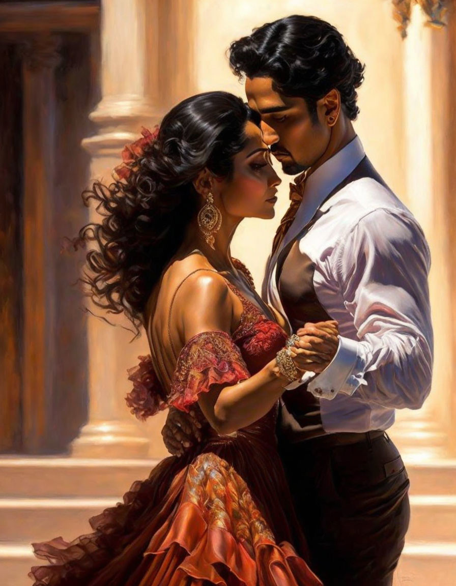 Formal Attire Couple Dancing in Sunlit Architecture