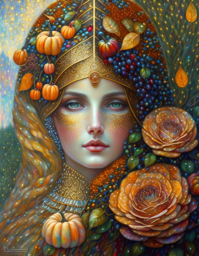 Portrait of Woman with Autumnal Elements and Ethereal Blue Eyes