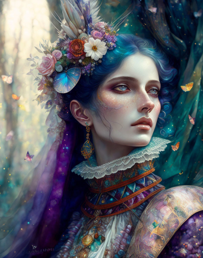 Blue-skinned woman with butterflies, floral headdress, and jewelry in mystical forest.