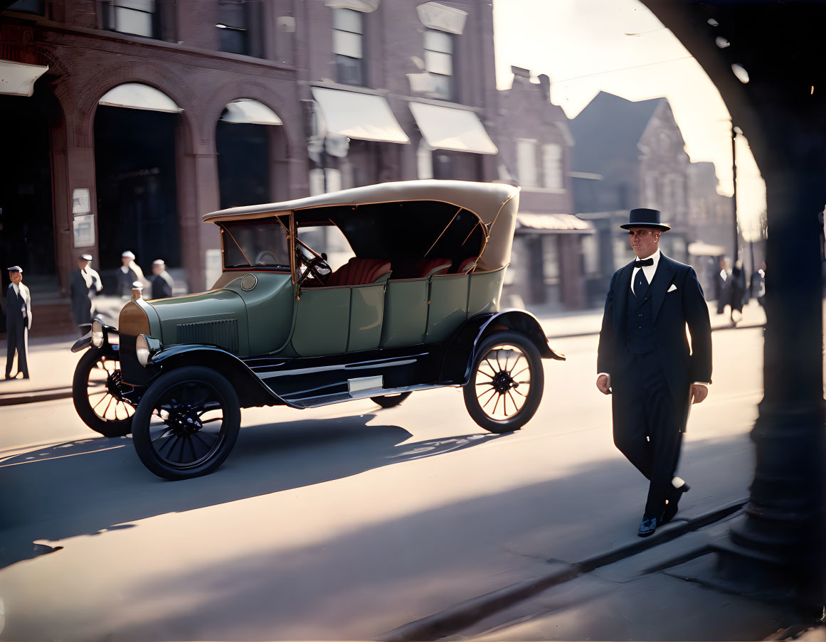 Vintage street scene with man in suit and bowler hat next to classic car.