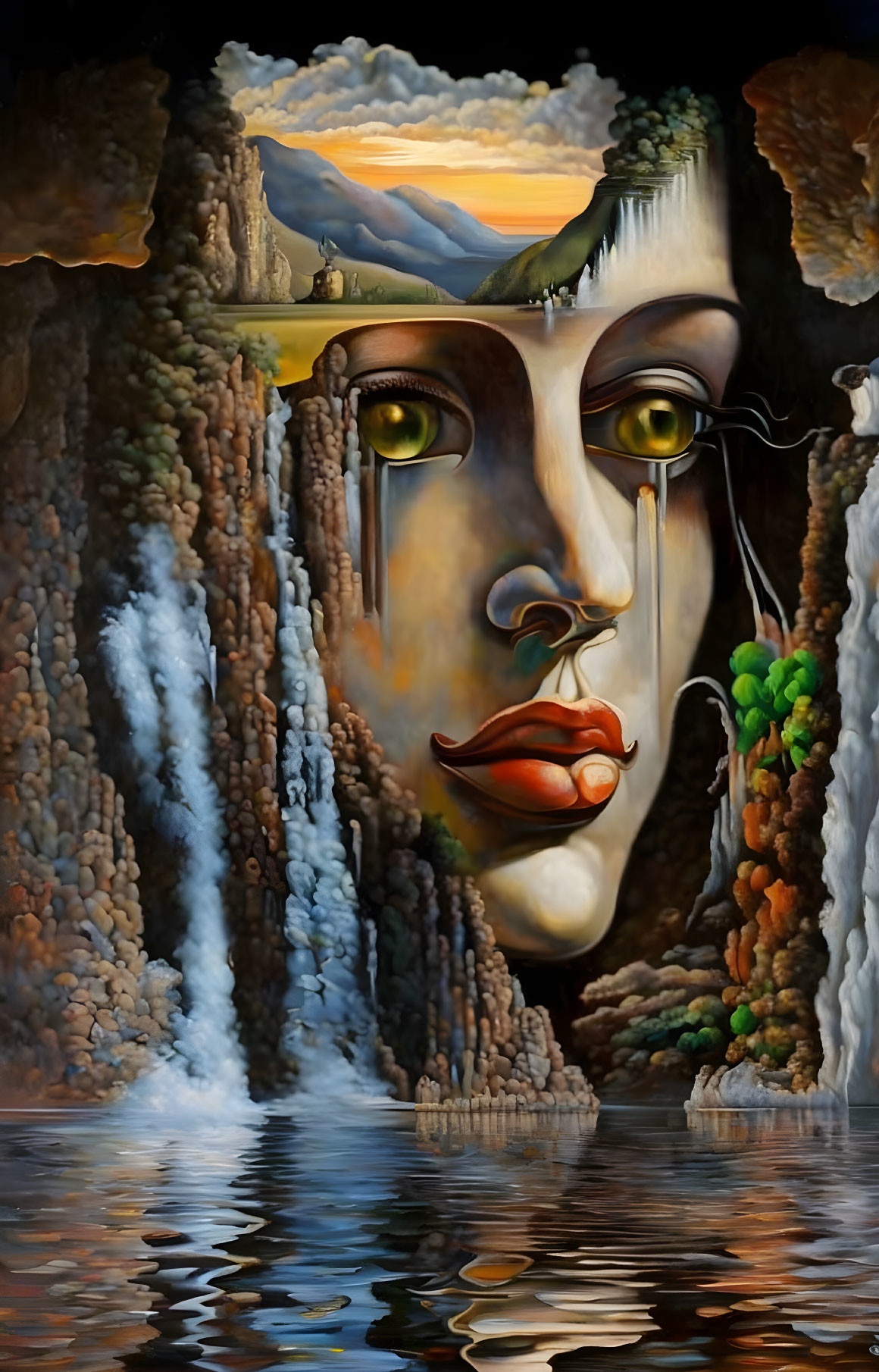 Surreal painting: Woman's face merges with landscape