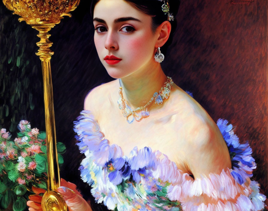 Portrait of young woman in white dress with blue flowers, holding candelabrum