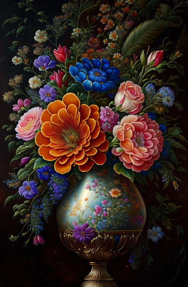 Colorful Multicolored Flower Bouquet in Ornate Vase on Dark Background