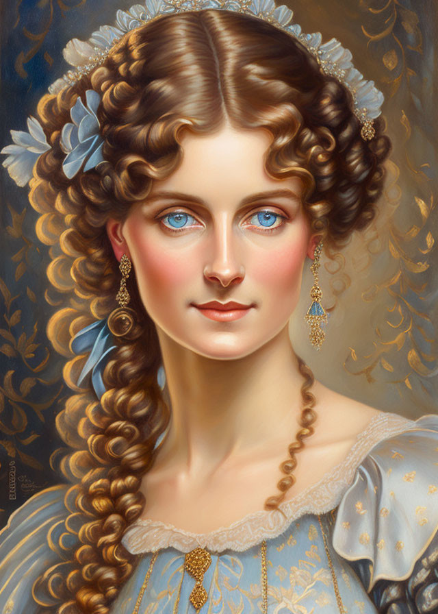 Portrait of Woman with Blue Eyes and Curly Brown Hair in Blue Dress