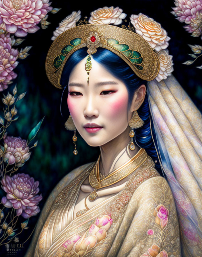 Elaborately dressed East Asian woman on dark floral background