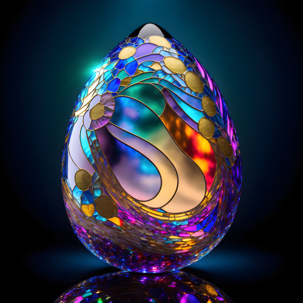 Colorful ornate egg with iridescent patterns on dark background