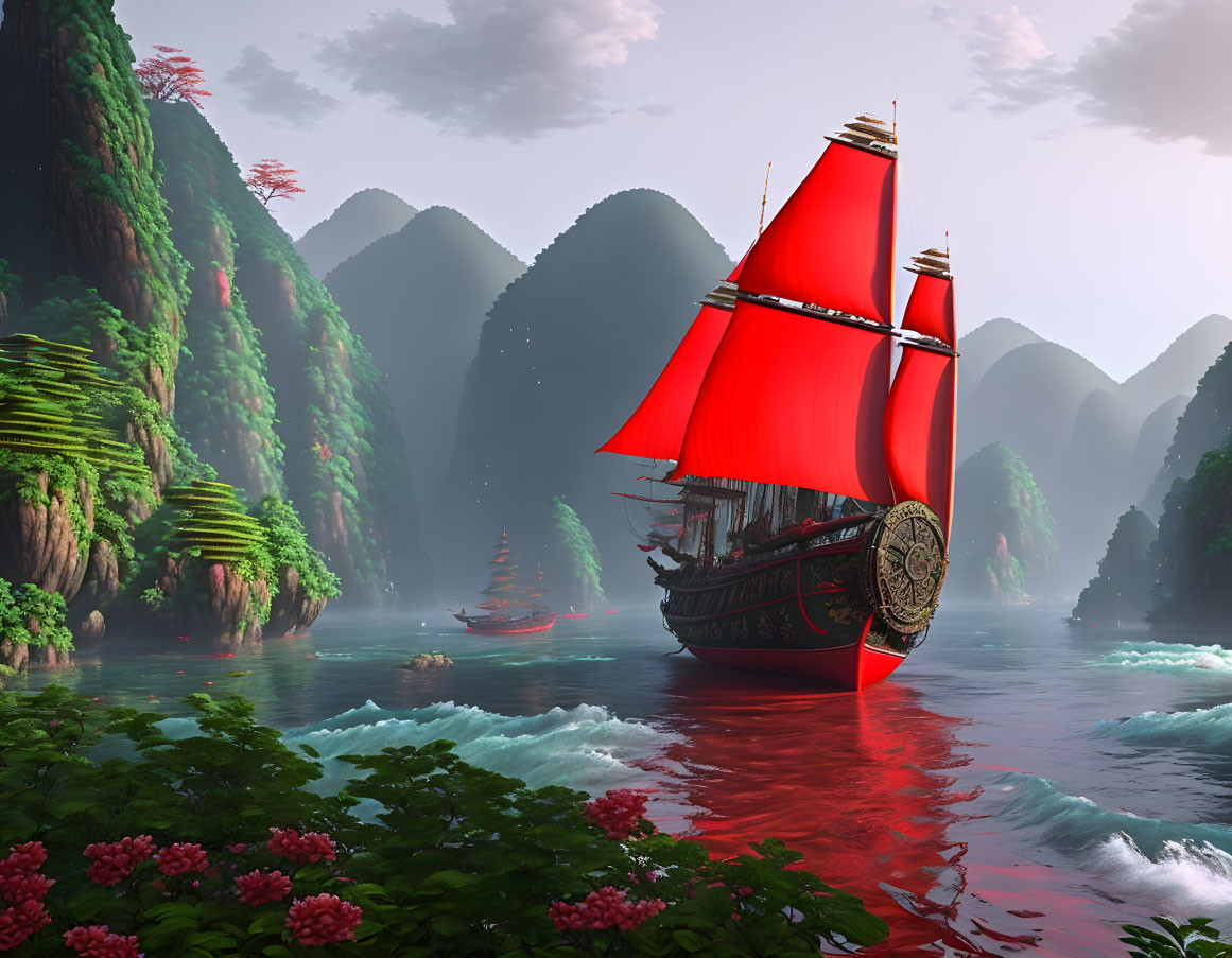 Traditional Ship with Red Sails Sailing on Tranquil River Amid Green Hills