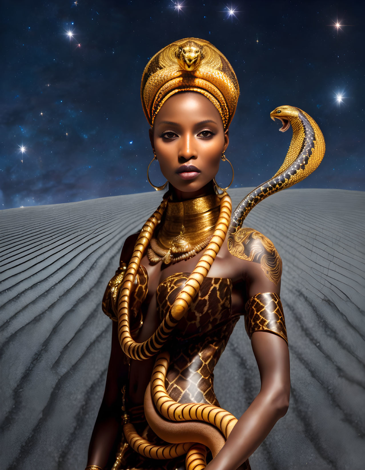Regal person with gold jewelry and snake under starry sky and sand dunes