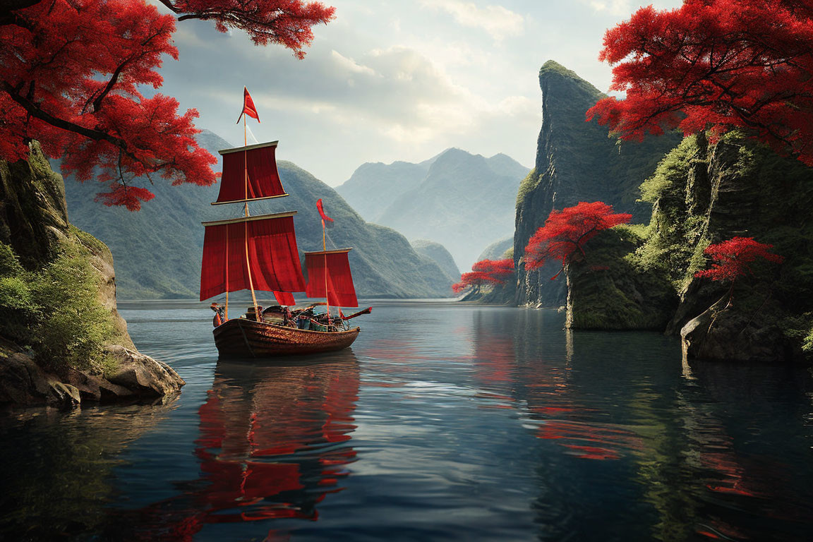 Serene lake scene: red-sailed ship, steep cliffs, red foliage