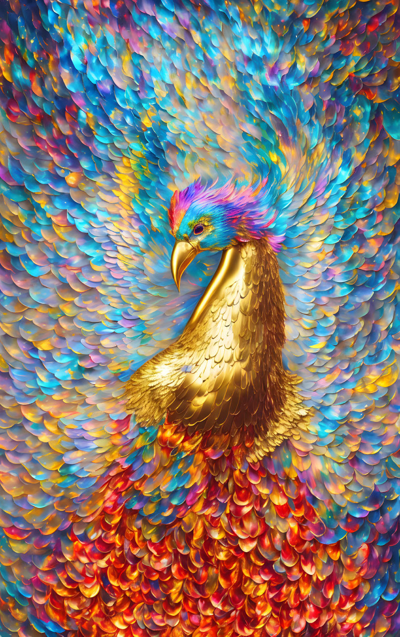 Mythical bird digital artwork with golden body and iridescent, fiery spectrum feathers