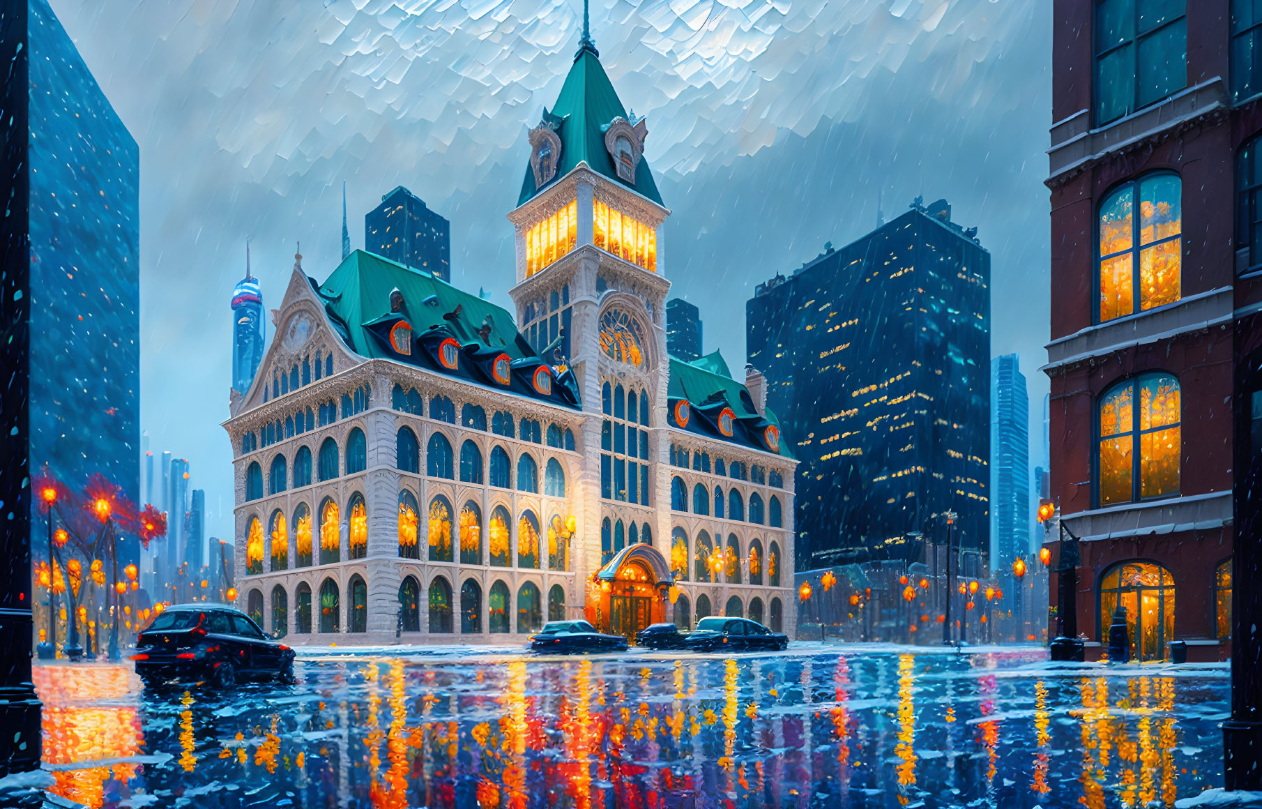 Historic building with clock tower illuminated in snowy twilight scene