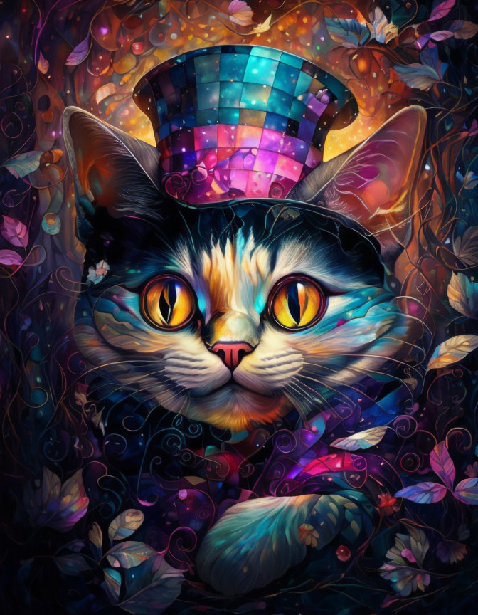 Colorful Cat Artwork: Multicolored Fur & Checkered Top Hat