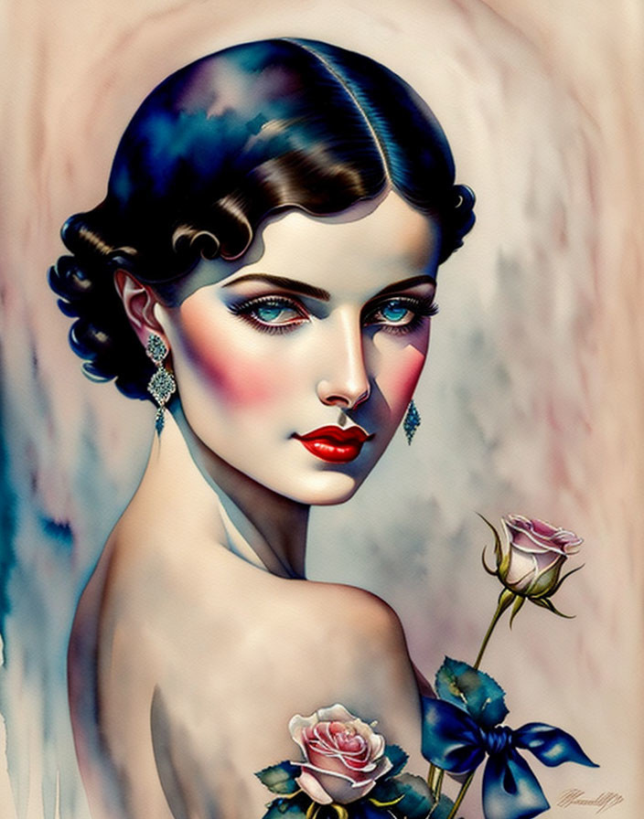 Stylized illustration of woman with dark wavy hair and red lips holding a rose