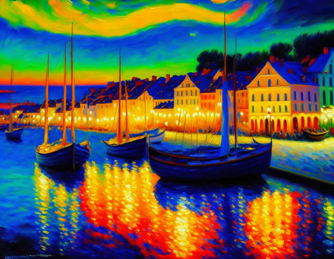 Twilight painting of sailboats on calm water with city lights reflection