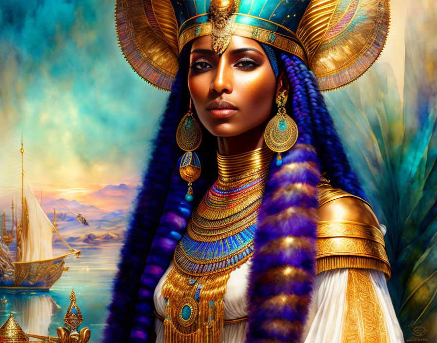 Digital Artwork: Woman as Egyptian Pharaoh with Nile and Pyramids