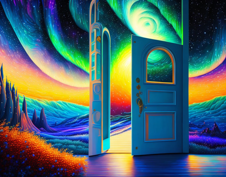 Colorful surreal artwork: open door to fantastical cosmic landscape