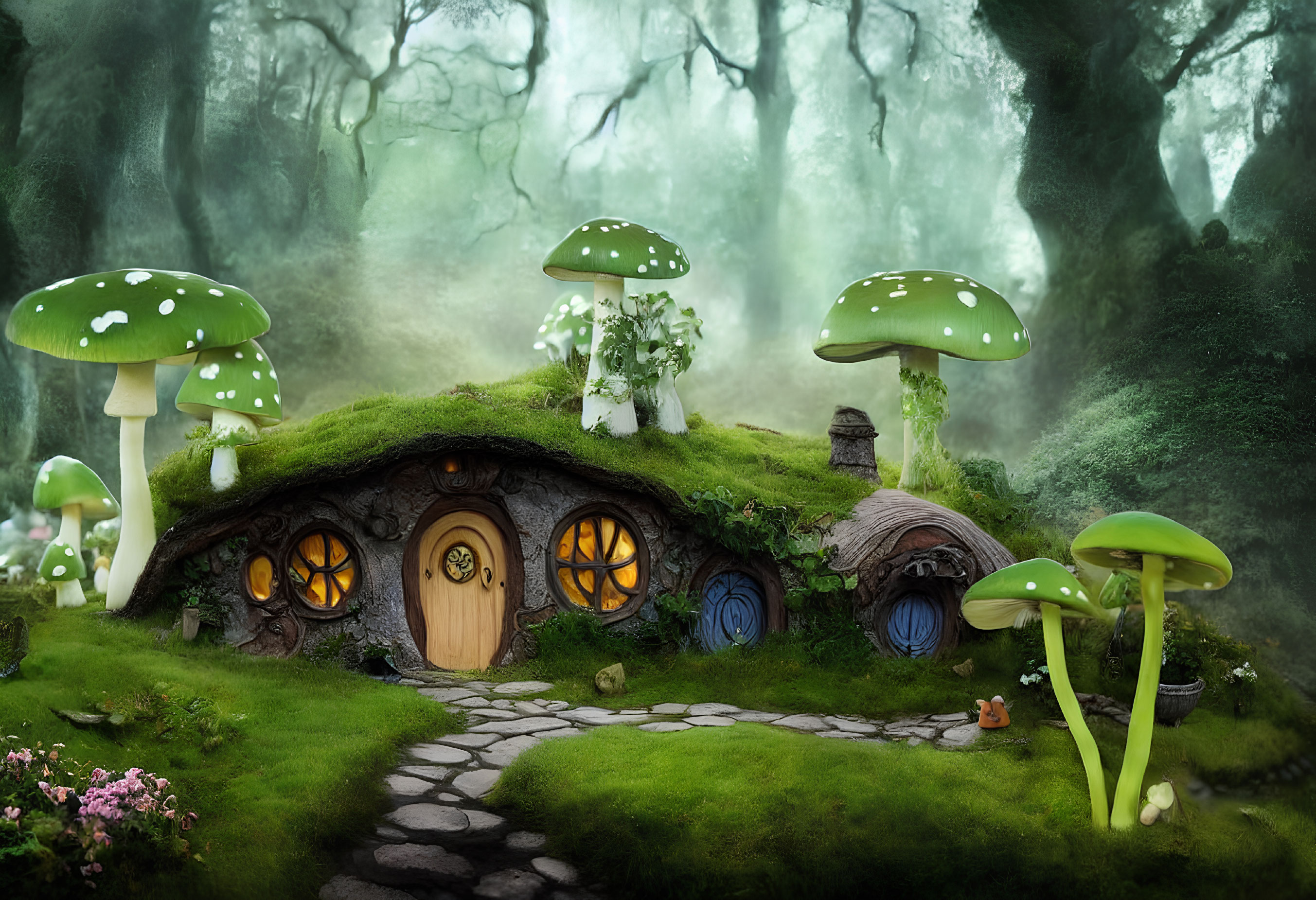 Enchanting forest scene with hobbit-like house and colorful mushrooms