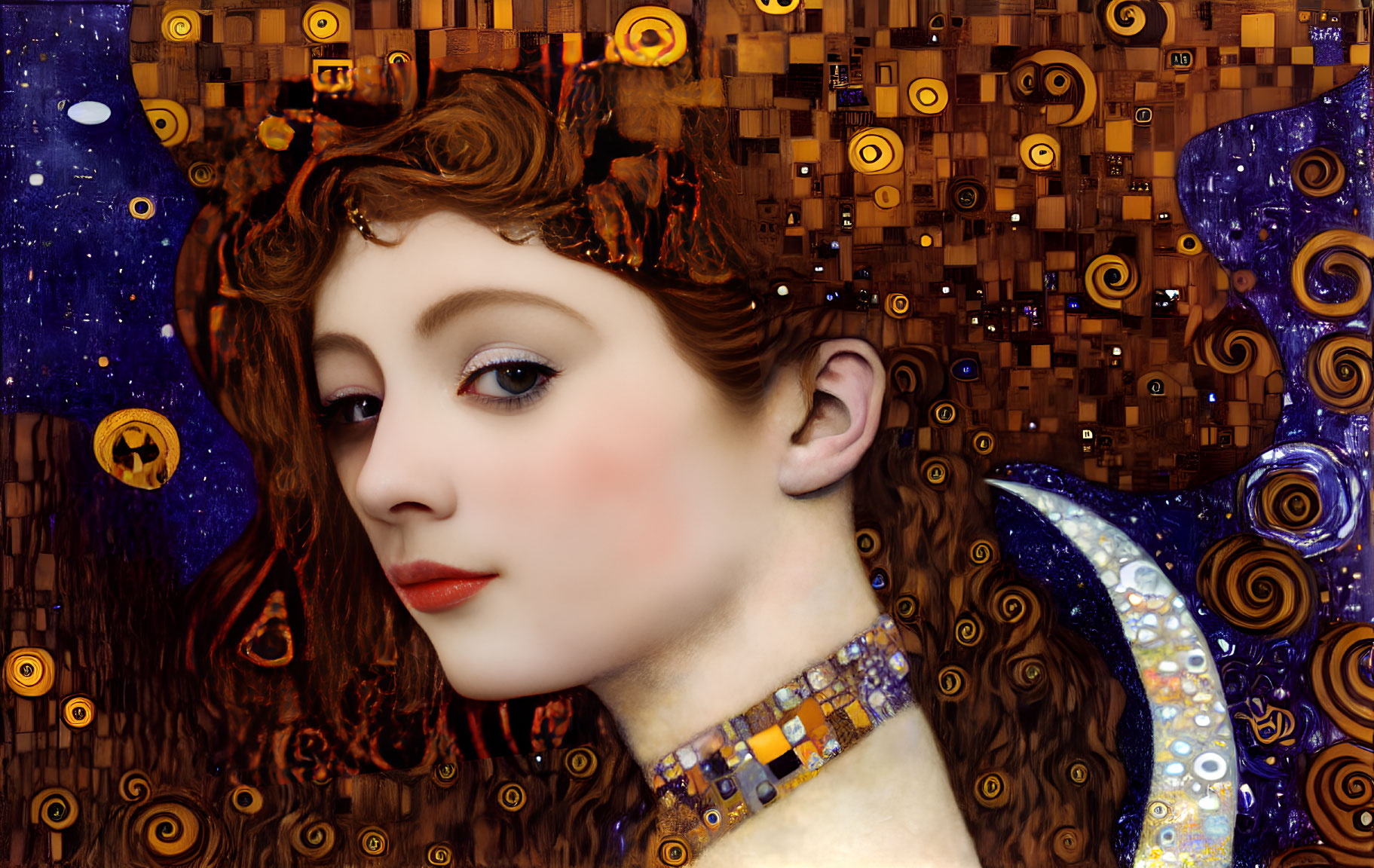 Woman portrait with flowing hair in Gustav Klimt style: digital art with gold accents