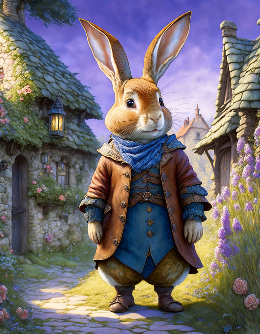 Sophisticated anthropomorphic rabbit in blue waistcoat on cobblestone path