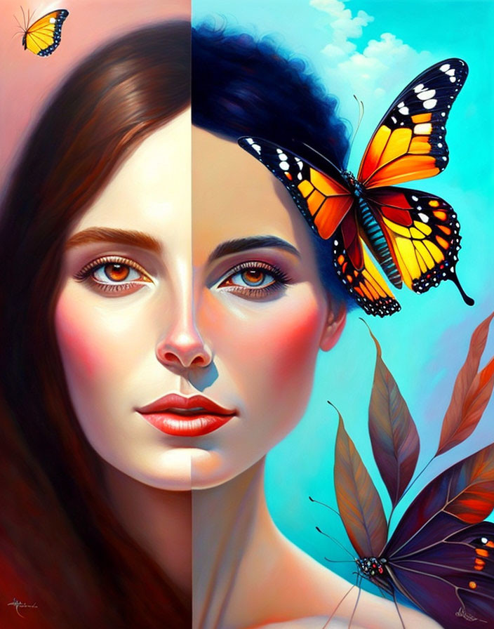 Digital painting of woman with brown eyes and butterfly motifs.