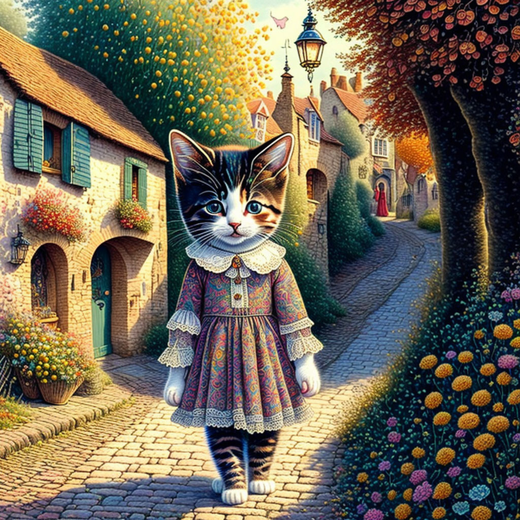 Colorful Village Scene: Kitten in Vintage Clothing on Cobblestone Path