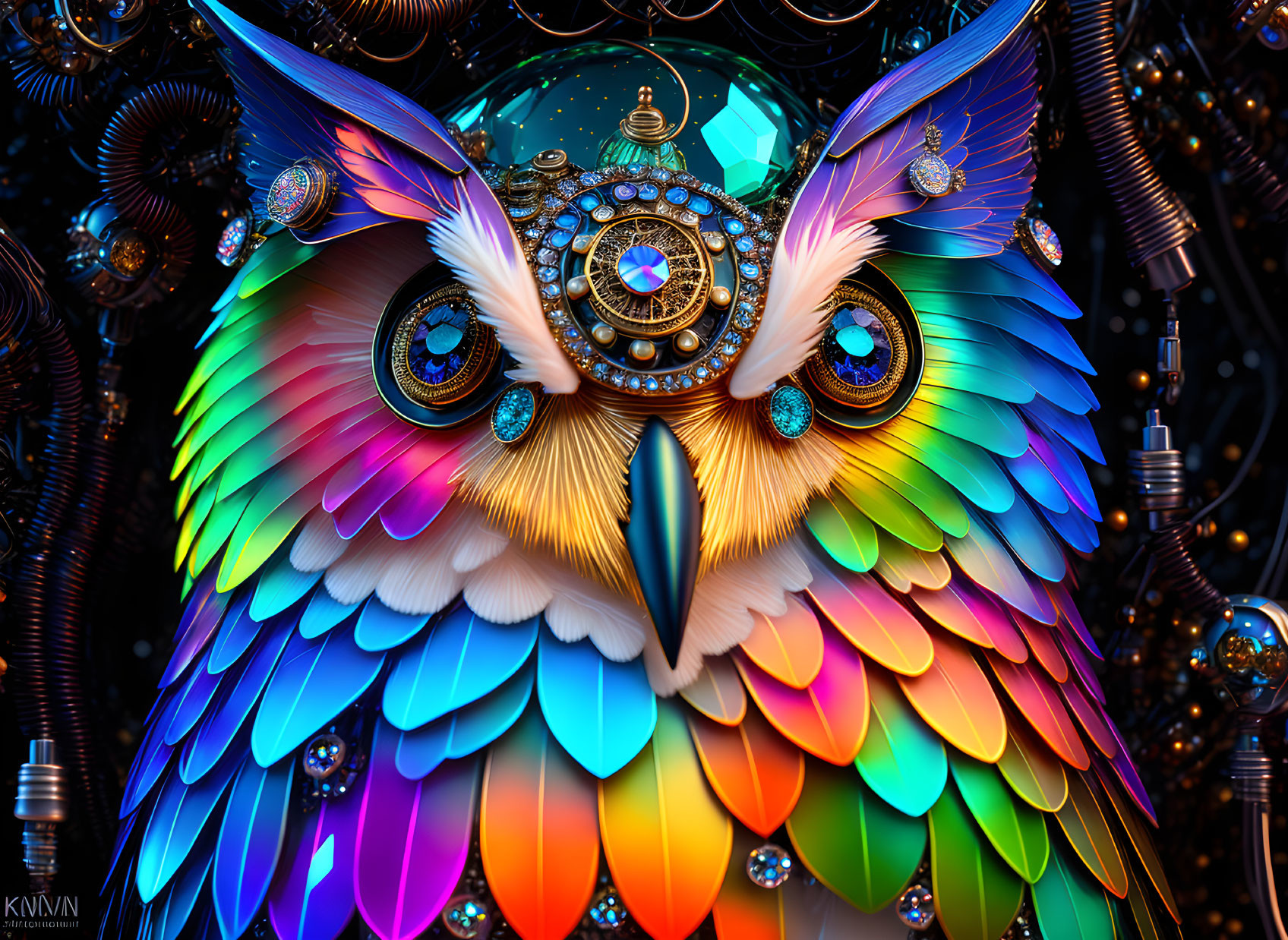 Colorful digital artwork: Mechanical owl with iridescent feathers and gear mechanisms