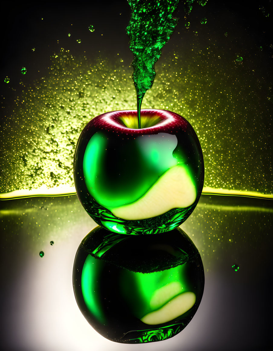 Red Apple with Green Splash on Yellow-Green Background