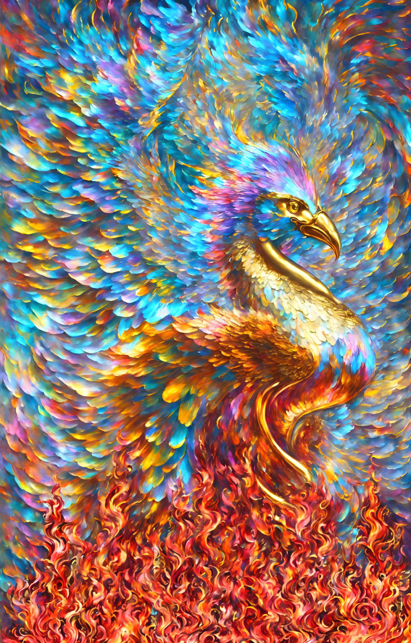 Colorful Phoenix Rising from Flames with Vibrant Feathers