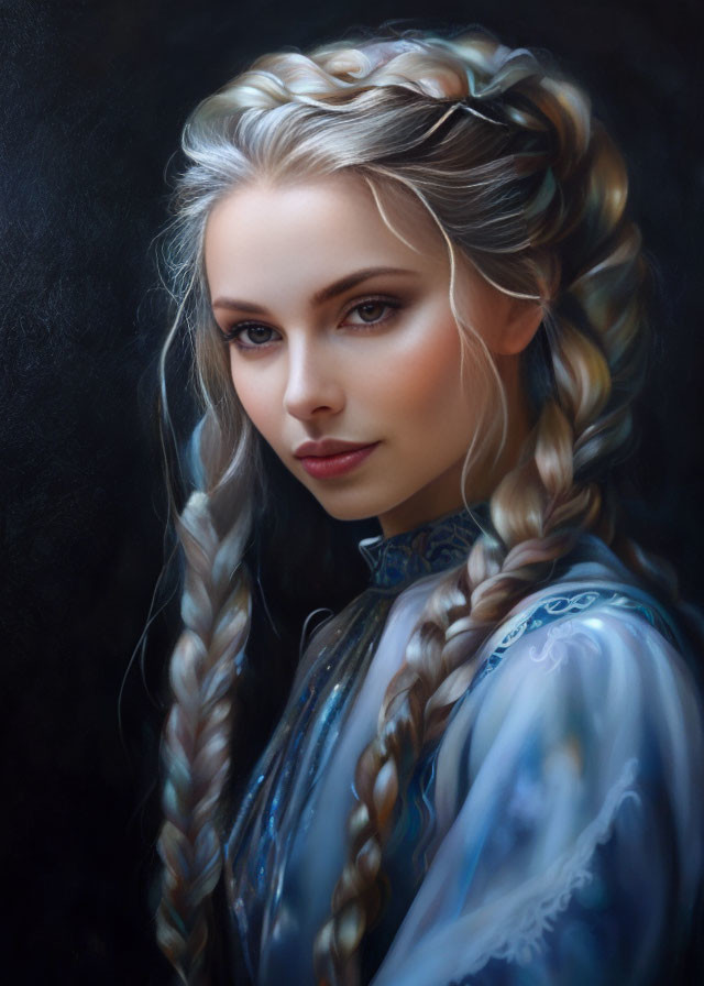 Serene woman with braided hair in blue patterned garment