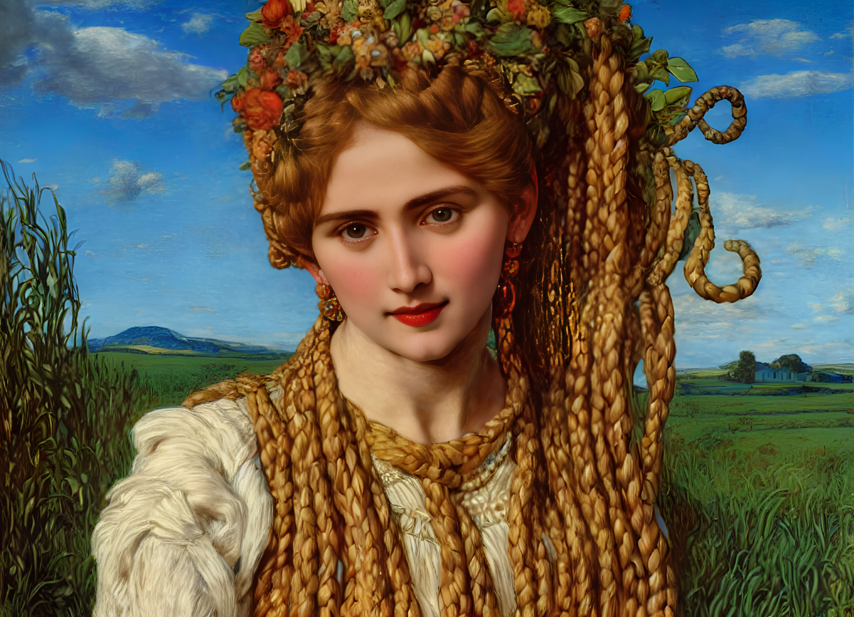 Portrait of woman with long, golden braided hair in serene setting