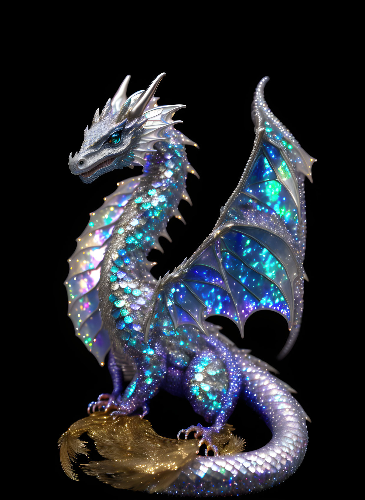 Shimmering Blue Dragon with Iridescent Wings on Black Background