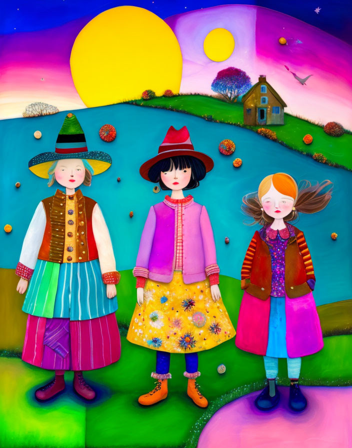 Colorful landscape with whimsical characters and yellow sun