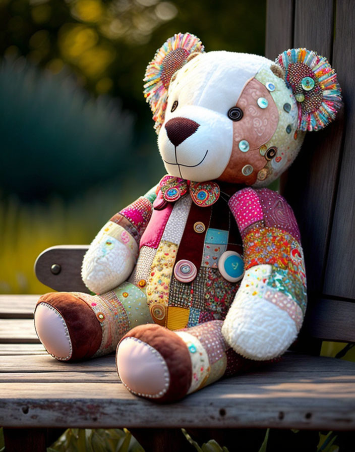 Patchwork Teddy Bear with Patterns and Buttons on Wooden Bench